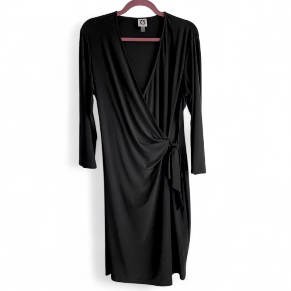 Anne Klein Black 3/4 Sleeve Wrap Midi Dress Size 16